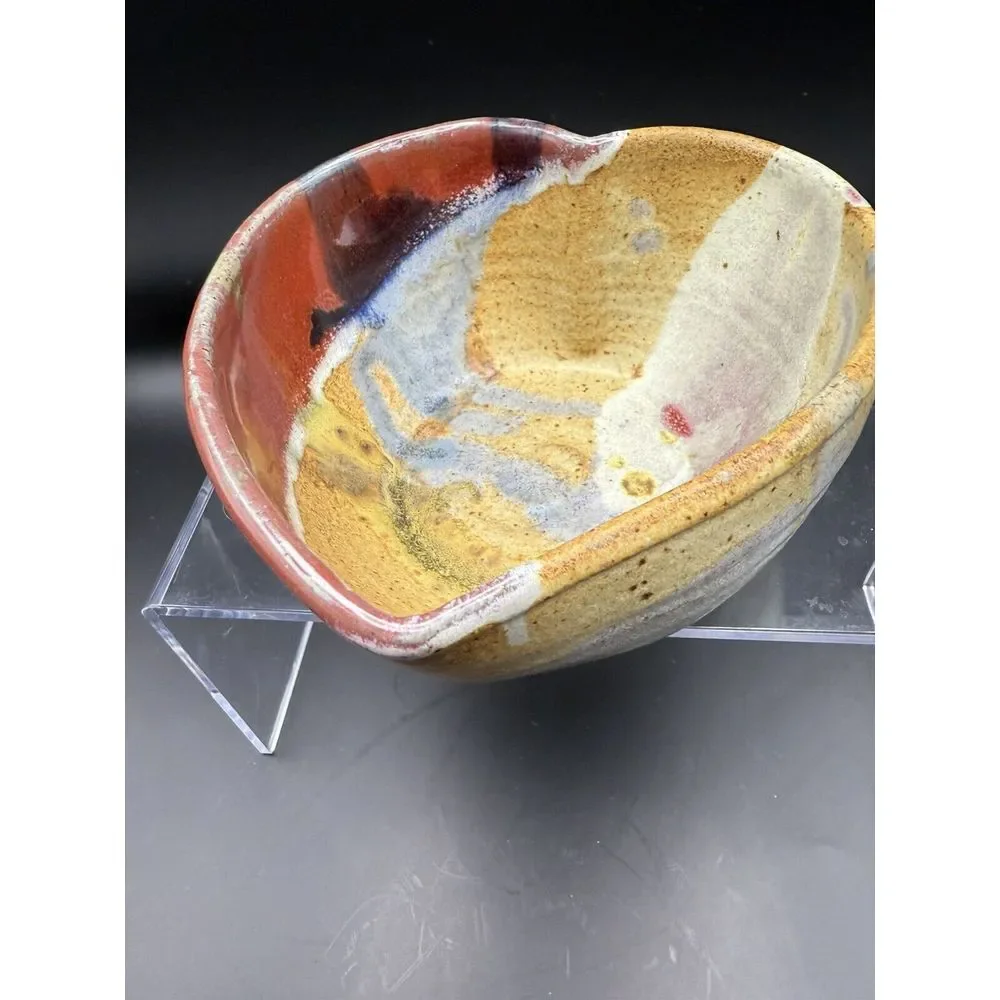 Heart Shaped Stoneware‎ Pottery Bowl Signed Glazed Multicolor Drip